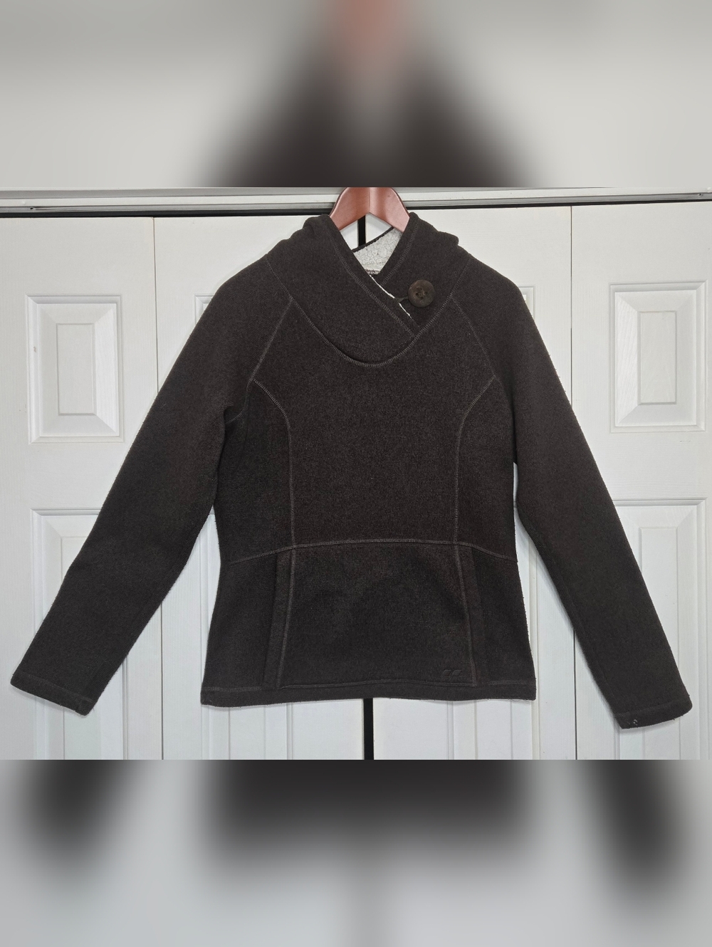 Koppen Women's Sherpa Lined Hoodie Sweater Button Neck Pullover Brown Size Small